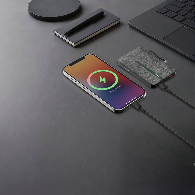 Green Lion KYOTO 10000mAh Power Bank with USB-C to USB-C Cable Strap, LED Indicator, 20W PD Fast Charging, 22.5W Output Power, Flight Approved - Black 