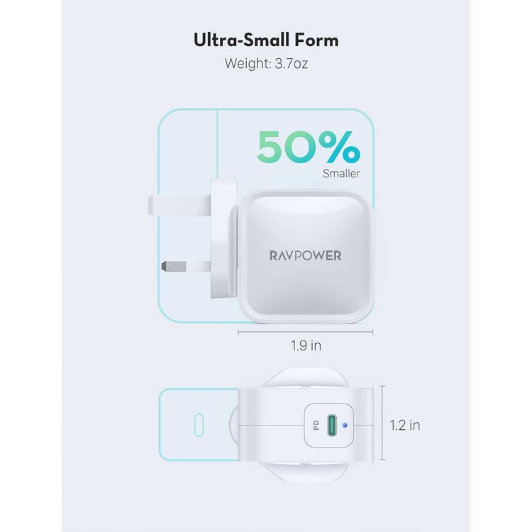 RAVPower PD Pioneer GaN Wall Charger 61W UK with Type-C Port & Multiple Protection - Slim Design Portable Travel Adapter - Power Delivery 3.0 - Fast Charging Charger - White