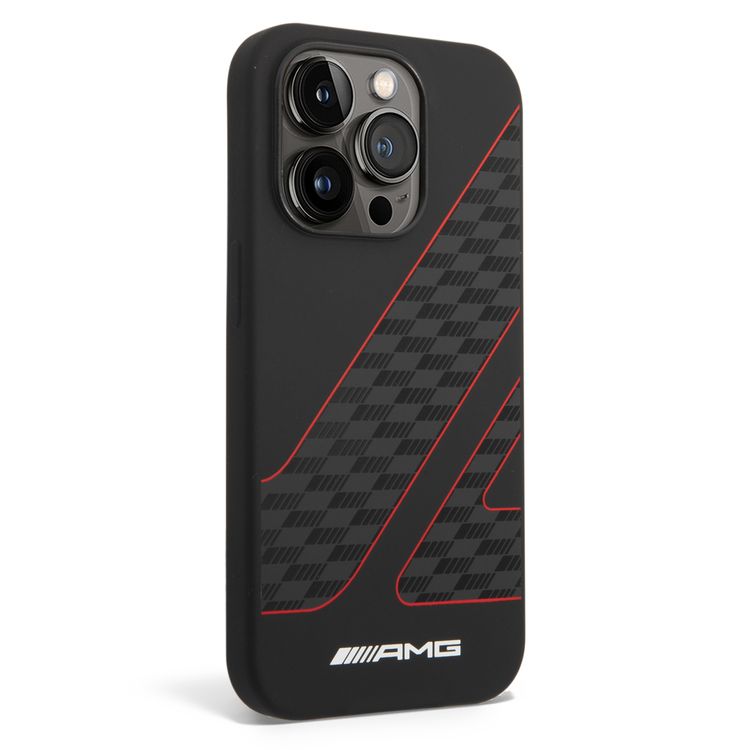 جراب من السيليكون السائل من Amg بنمط علم مربعات - آيفون 14 برو ماكس - أسود أحمر