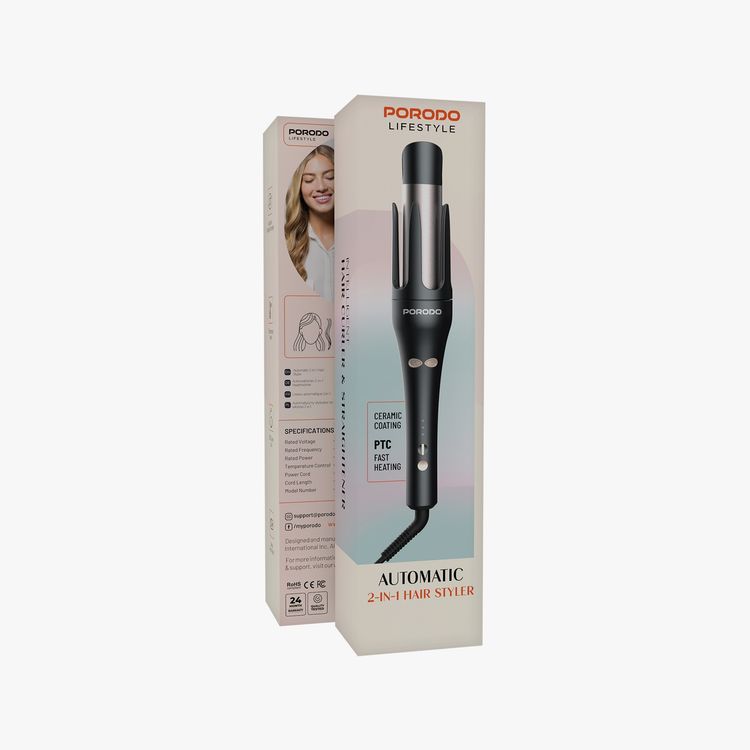 Porodo Automatic 2-in-1 Hair Styler with 3 Temperature Levels, Safety Auto Shutoff, 360° Swivel Cord, Automatic Rotating Technology, 1.8m Cord Length, UK 3-Pin Plug, 50W Power - Black 