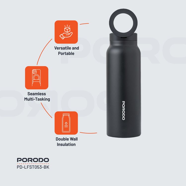 Porodo Magnetic Mount Water Bottle with Strong Magnetic Hold, Stainless Steel Material, Double-Wall Insulation, Versatile and Portable, Strong Magnetic Hold, Works with MagSafe, Wide Round Mouth - Black 