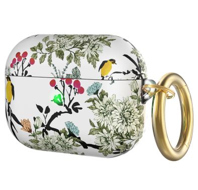 AhaStyle Premium TPU Rugged Hard Shell Design Case with Anti-Lost Ring Compatible for AirPods Pro, Scratch Resistant, Shock Absorption, Drop Protection, & Dustproof Protective Hard Shell Cover Suitable with Wireless Charging - Ink Flowers & Birds - AirPods Pro