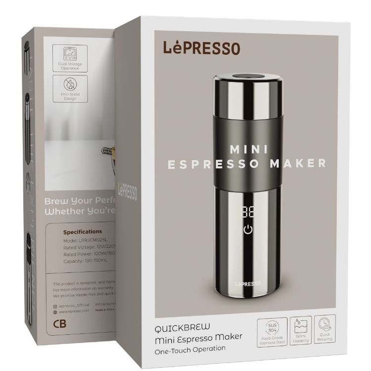 صانعة الإسبريسو الصغيرة LePresso QuickBrew مع تشغيل بلمسة واحدة، بسعة 130-150 مل، عرض رقمي، تصميم مضاد للحروق، وقت تحضير من 5 إلى 8 دقائق، القدرة المقررة 100-180 واط، مادة الفولاذ المقاوم للصدأ 304 بدرجة الطعام - فضي