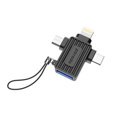 Porodo 3-in-1 OTG Adapter, USB A to Lightning, Micro & Type-C, Fast Data Transfer, Universal Compatibility, Plug & Play, Up to 480Mbps Data Transfer Speed - Black