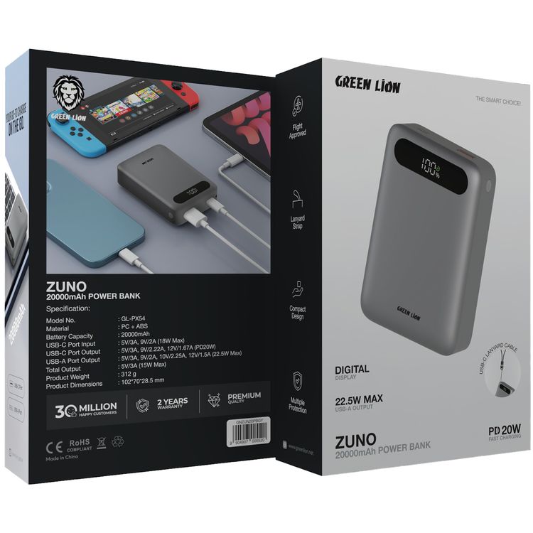 Green Lion Zuno 20000mAh Power Bank with Digital Display, 22.5W USB-A Output, 20W Power Delivery, Fast Charge Support, Flight-Approved, Compact Design - Gray