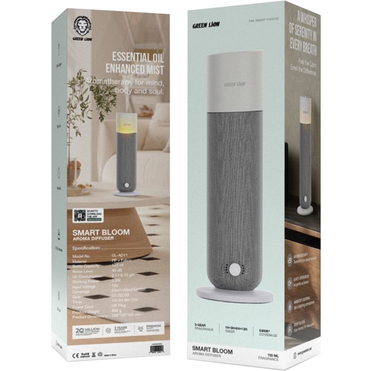  Green Lion Smart Bloom Aroma Diffuser with 120mL Bottle Capacity, Up to 5800 ft³ Coverage, Triple-Gear Fragrance, Rotating Knob, Aromatherapy, 3.3W Working Power - Gray