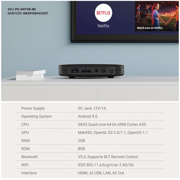 Porodo Android TV Box, Video Streaming, 2GB RAM, 8GB ROM, Voice Command, Quad-Core, 4K Ultra HD, Android 9.0, Unlimited Streaming - Black