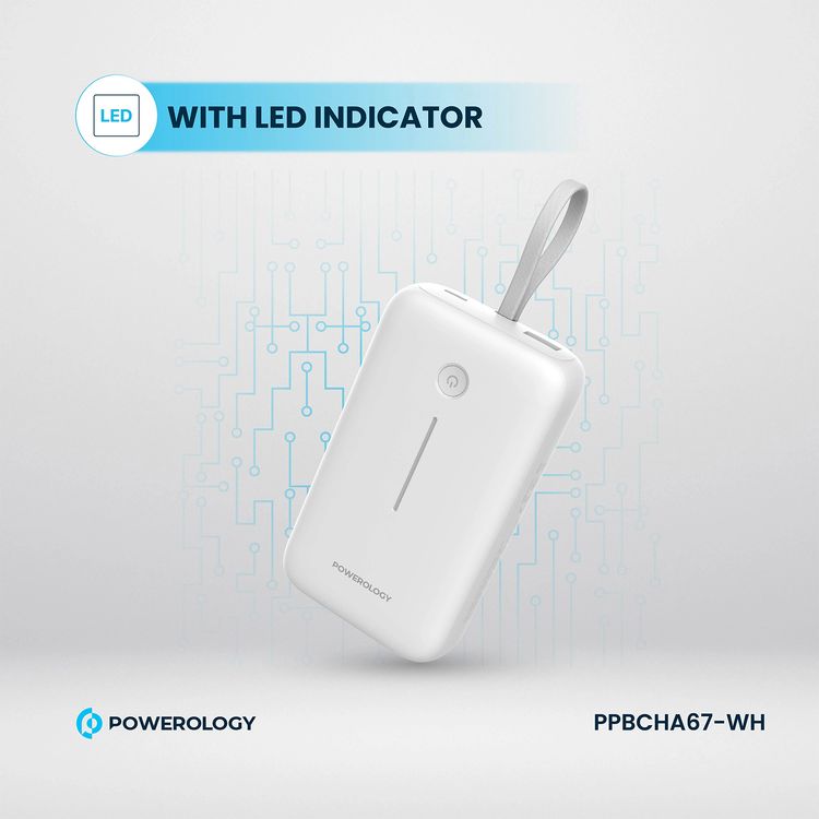 Powerology 20000mAh Power Bank with Detachable USB-C Wire, 30W Power Delivery, 3-Device Charging, Long Time Standby, Universal Phone Compatibility, Built-in Safeguards - White