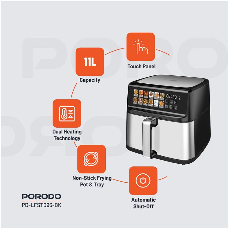 Porodo Lifestyle Dual Mode Air Fryer with Touch Control, 2200W Rated Power, Large Capacity 11L Air Fryer, Automatic Shut-Off, Up to 12 Hours Working Time - Black