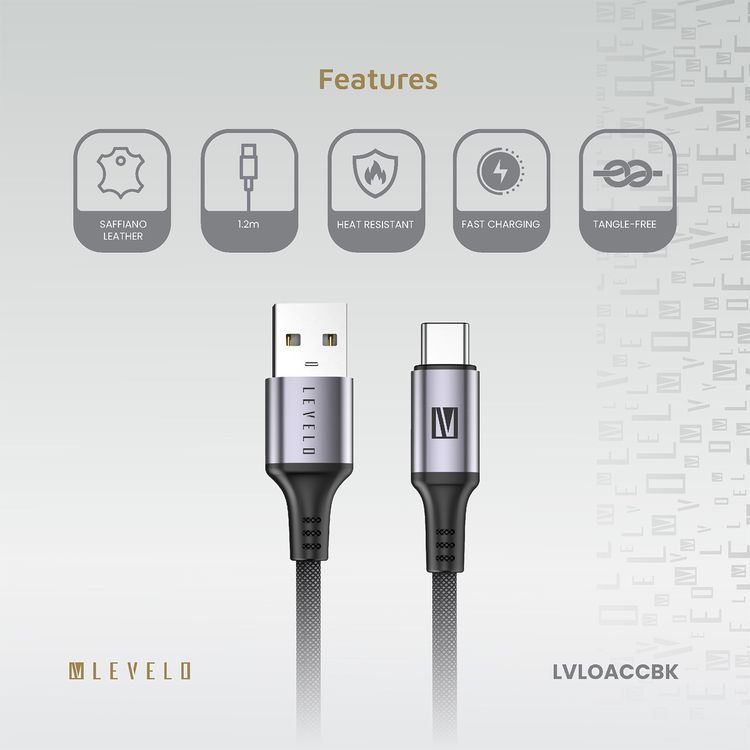 كابل Levelo Otto من USB-A إلى USB-C مع مقاومة للحرارة، شحن سريع ومزامنة البيانات، معدل نقل بيانات 480 ميجابت في الثانية، خالٍ من التشابك، طول الكابل 1.2 متر - أسود
