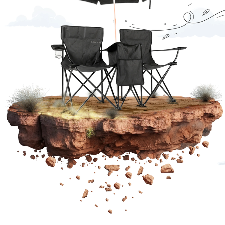 Porodo Dual Camping Chair with Detachable Sun Umbrella, ×2 120KG Max Load, Strong Steel X Frame, Cup Holder, Ice Pouch & Extra Storage, 12L Capacity, Double Foldable Chairs, Ideal for Camping, Tailgating, Beach etc. - Black