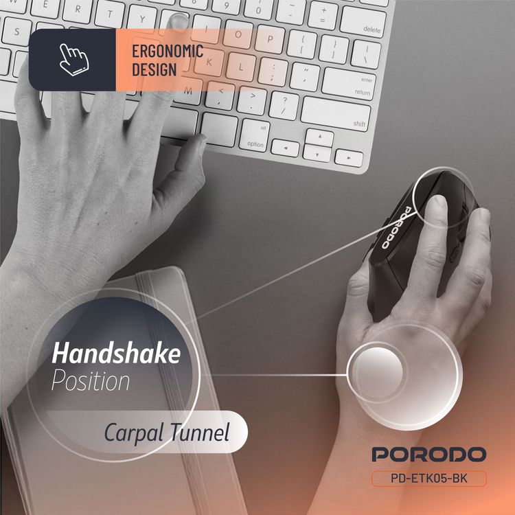 ماوس لاسلكي عمودي بدقة 4000 نقطة في البوصة من بورودو مع بطارية بسعة 500 مللي أمبير في الساعة، إصدار بلوتوث 5.1، نطاق فعال 10 أمتار، اتصال لاسلكي 2.4 جيجا هرتز، دقة قابلة للتعديل، توصيل وتشغيل، تصميم مريح - أسود