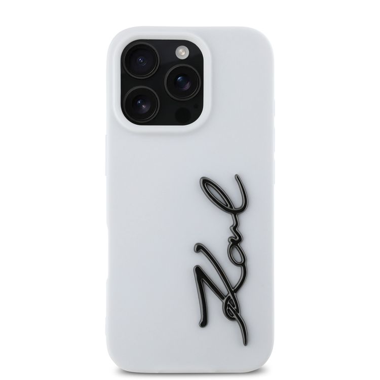Karl Lagerfeld Silicone Case with Metal Signature Logo for iPhone 16 Pro, Drop Protection, Easy Snap On, Comfortable Grip - White