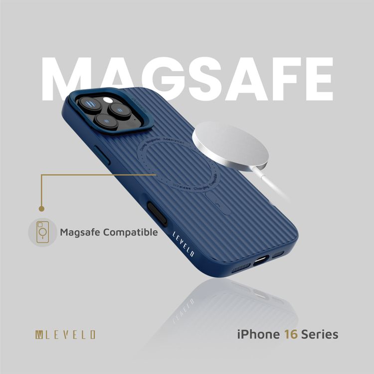 Levelo Livia Case for iPhone 16 Pro with MagSafe Compatibility, Impact-Resistant Corners, Built-in Kickstand, TPU with Silicone Surface, Metal Camera Ring - Blue