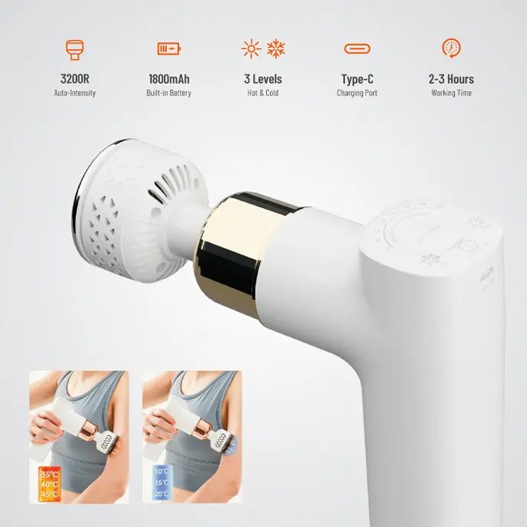 Porodo Lifestyle Hot & Cold Portable Massager  With 4 Types Of Professional Massage Heads - White