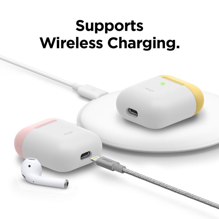 Elago Duo Silicone Case with Apple AirPods Case 1 & 2, Supports Wireless Chargers, Drop Resistant, Dustproof and Absorbing Protective Cover Body-White / Top-Pink, Yellow
