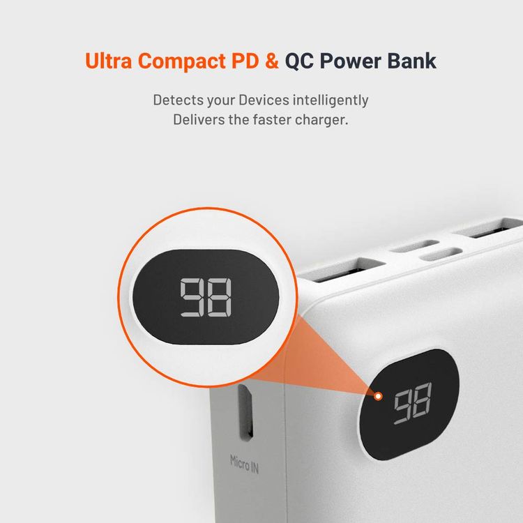 Porodo 4-Port Power Bank with Digital Power Display - 10000 mAh - White