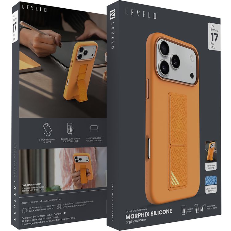 حافظة ليفيلو مورفيكس من السيليكون مع قبضة حاملة لهاتف آيفون 17 برو ماكس، عرض حر اليدين، بطانة داخلية من الألياف الدقيقة الحقيقية، حامل أفقي وعمودي، واقي صدمي، حواف مرتفعة للكاميرا والشاشة، تصميم نحيف - برتقالي
