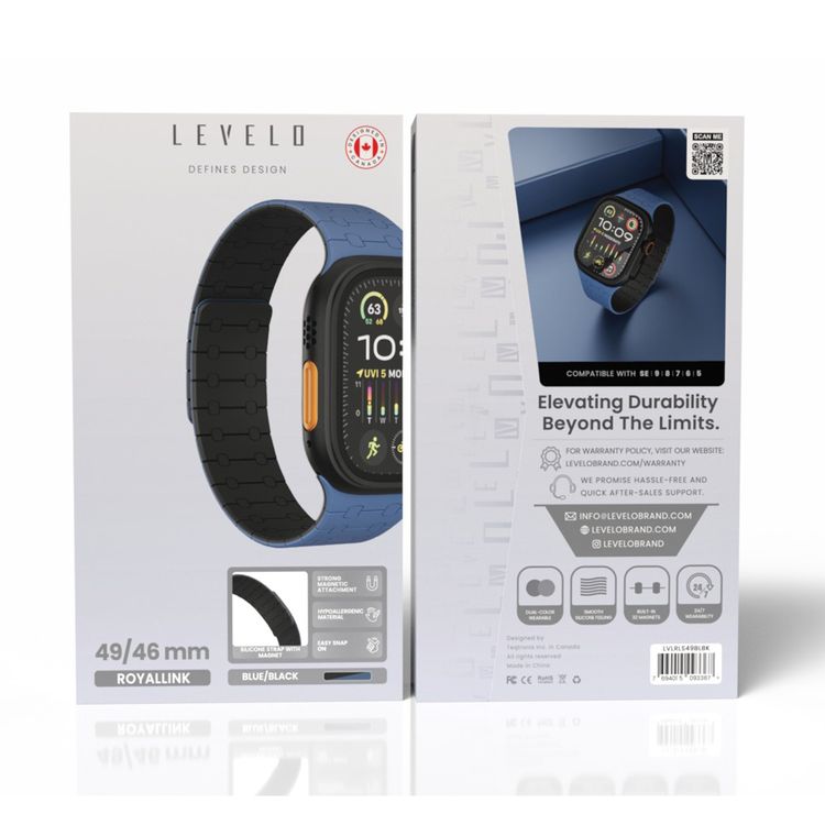 حزام ساعة سيليكون Levelo Royallink ثنائي اللون لساعة Apple Watch بحجم 49/46 مم، مصنوع من مواد مضادة للحساسية، يحتوي على 32 مغناطيس مدمج، مقاوم للماء والعرق، يتميز بقوة التثبيت المغناطيسي، سهل التركيب - أزرق / أسود.