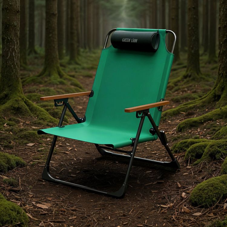 Green Lion Coast Adjustable Camping Chair with Tear Resistant, Lightweight Design, Breathable Fabric, Durable Construction, Anti-Slip Foot Base, Foldable Design, 4 Adjustable Angles, Removable Pillow, Quick Setup - Green