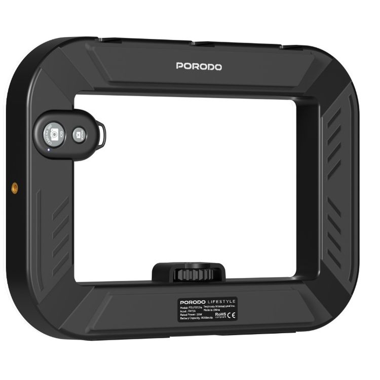 Porodo Handheld Ring Grip with Desktop Support & Phone Clamp, 1 Hour Working Time, 1500mAh Battery, 20W Rated Power, Bluetooth Controller, Camera & Phone Vlogging Light - Black