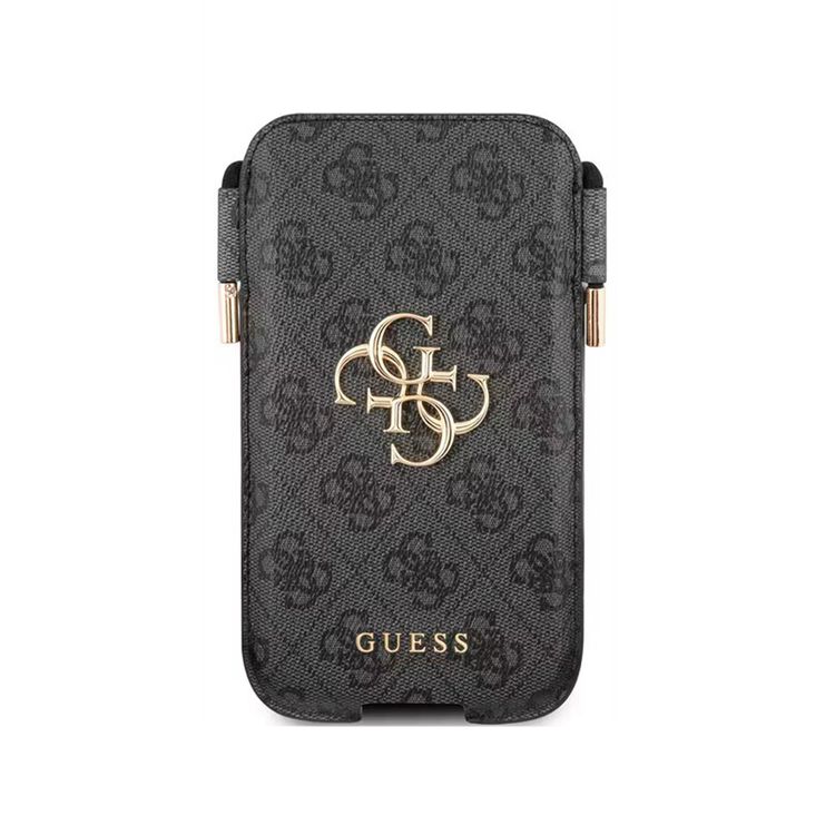 Guess 4G Script Crossbody Phone Pouch for iPhone 12 Pro Max ( 6.7" ) with Adjustable Neck Cord Lanyard Strap, Synthetic Leather Material - Gray