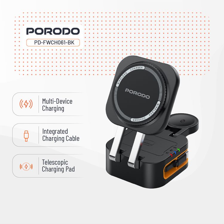 Porodo Pocket-Sized Folding Wireless Charger with 15W Wireless Output, Built-in Charging Cable, 3W Earbuds Output, Multi-Device Charging, 2.5W Apple Watch Output - Black