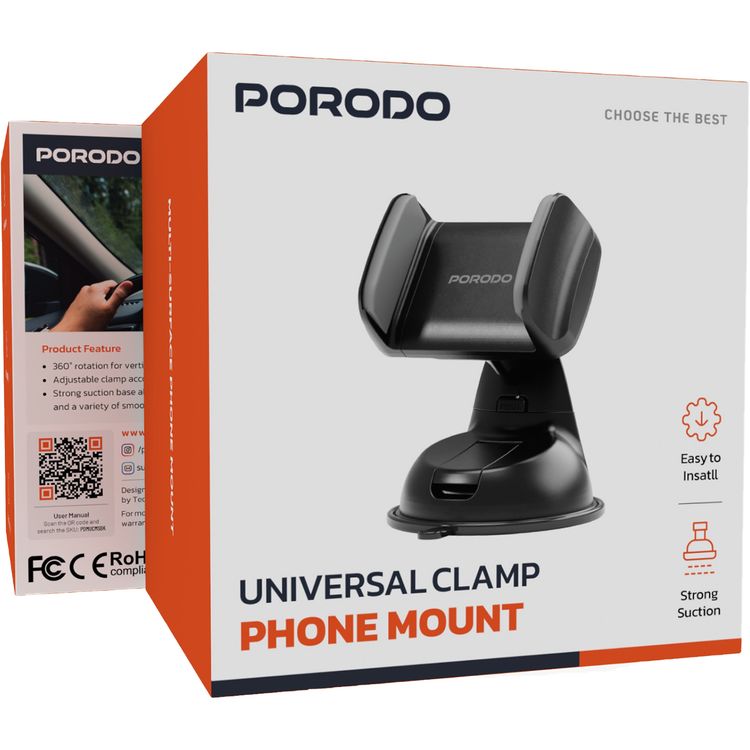 Porodo Universal Phone Mount with Strong Suction Base, 360° Rotation, Up to 6.5'' Devices Compatibility, One-Hand Operation, Vertical and Horizontal Phone Positioning - Black