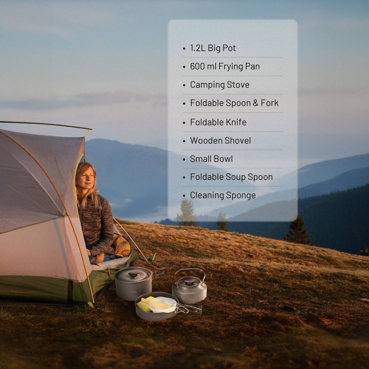 Green Lion 10-in-1 Camping Cookware with Camping Stove, Foldable Soup Spoon, Wooden Shovel, Small Bowl, Foldable Knife, Heat-Resistant Handles - Black