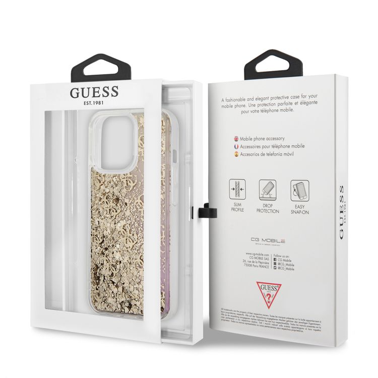CG MOBILE Guess Liquid Glitter Case with 4G Pattern Gradient Background for iPhone 13 Pro (6.1") Shock Absorption & Drop Protective Suitable with Wireless Chargers Officially Licensed Gold