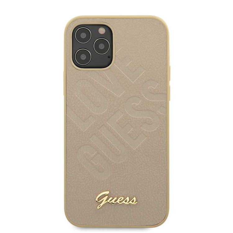CG Mobile Guess PU Iridescent "LOVE" Debossed Case with Metal Logo for iPhone 12 Pro Max (6.7") Shock & Drop Protection Suitable with Wireless Chargers Officially Licensed Light Gold
