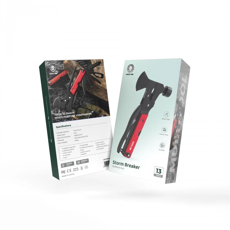 Green Lion Storm Breaker Multi-Tool Axe with Stainless Steel 420 Material, 13 Functions in One, Sharp Edge, Easy to Carry & Durable - Red