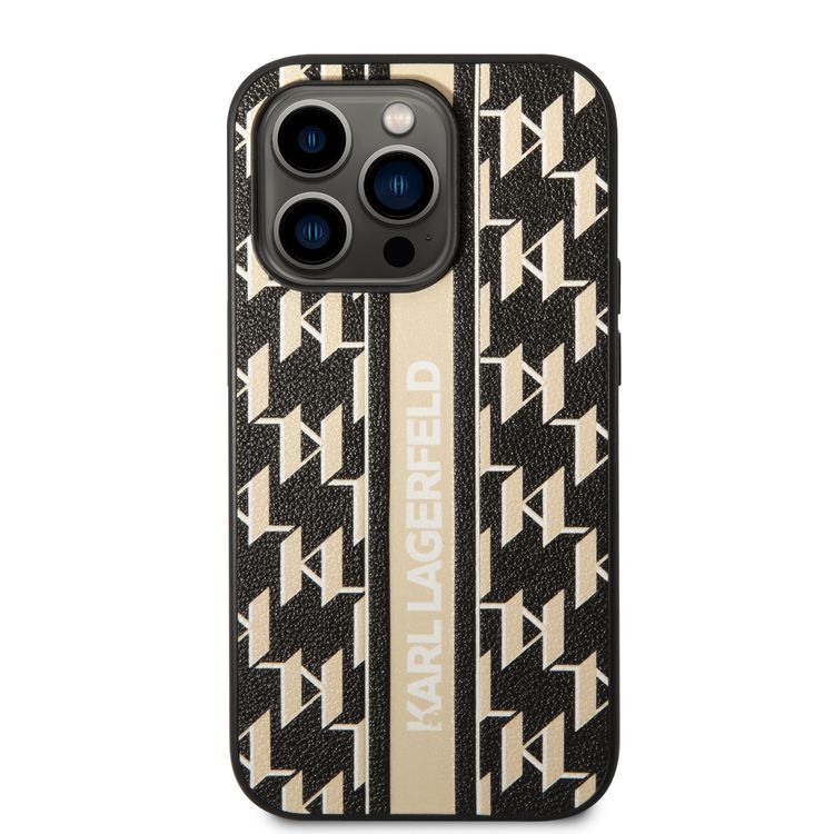 Karl Lagerfeld Grained PU Leather Case with Monogram Pattern & Vertical Logo Compatble iPhone 14 Pro Compatibility - Brown
