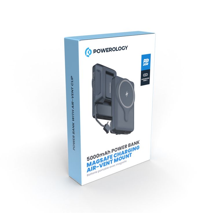Powerology Car Mount 5000mAh Power Bank with Magnetic Wireless Charger, MagSafe Charging, PD 20W Fast Charge, Folding Air-Vent Clip, LED Indicator, Built-In Type-C Cable, Lightweight & Portable - Gray 