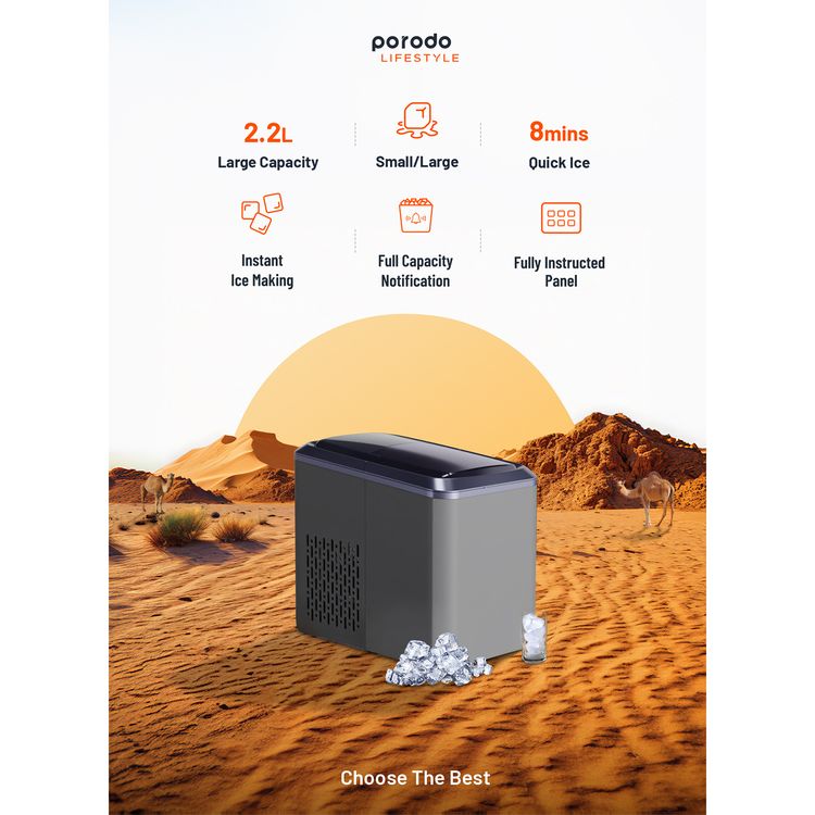 Porodo Lifestyle Portable Outdoor Ice Cube Machine with 2.2L Water Storage Capacity, 8 Minutes Ice Making Time, Small & Large Ice Cubes Maker - Black