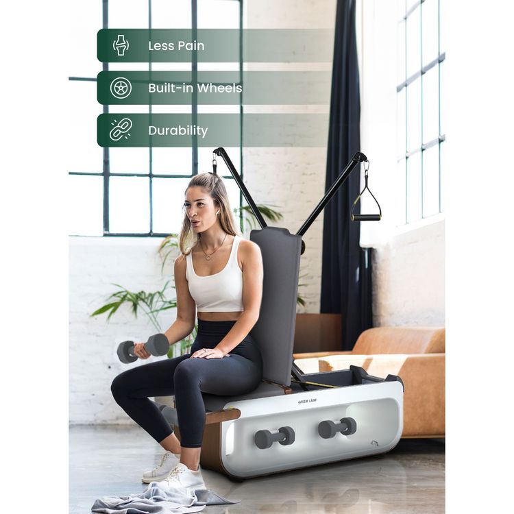 Green Lion Multifunctional Fitness Bench with Leather Sofa, 150kg Capacity, Built-in Wheels, 3kg Dumbbells ×2, Agile Boxing Ball, 10kg Resistance Ropes x2, 20kg Resistance Ropes x2, Dumbbell Row, Bench Press, Cable Crossover, Reverse Push, Ingenious Design - Gray