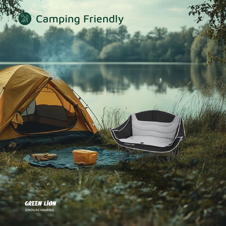 Green Lion Double Camping Chair, 600D Oxford Fabric + Steel Pipe Material, Camping Friendly, Safety Lock, Foldable Design, Easy Setup, Juice Glass Holders  - Gray / Black