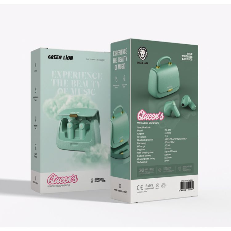 Green Lion Queen's Mini Bag Style True Wireless Earbuds, JL6983 Chipset, Bluetooth Version 5.3, Up to 15 m Bluetooth Range, 5 Hours Playtime, Up to 16 Hours with Charging Case, 300 mAh Charging Case Battery, IPX4 Water Resistance Level - Green