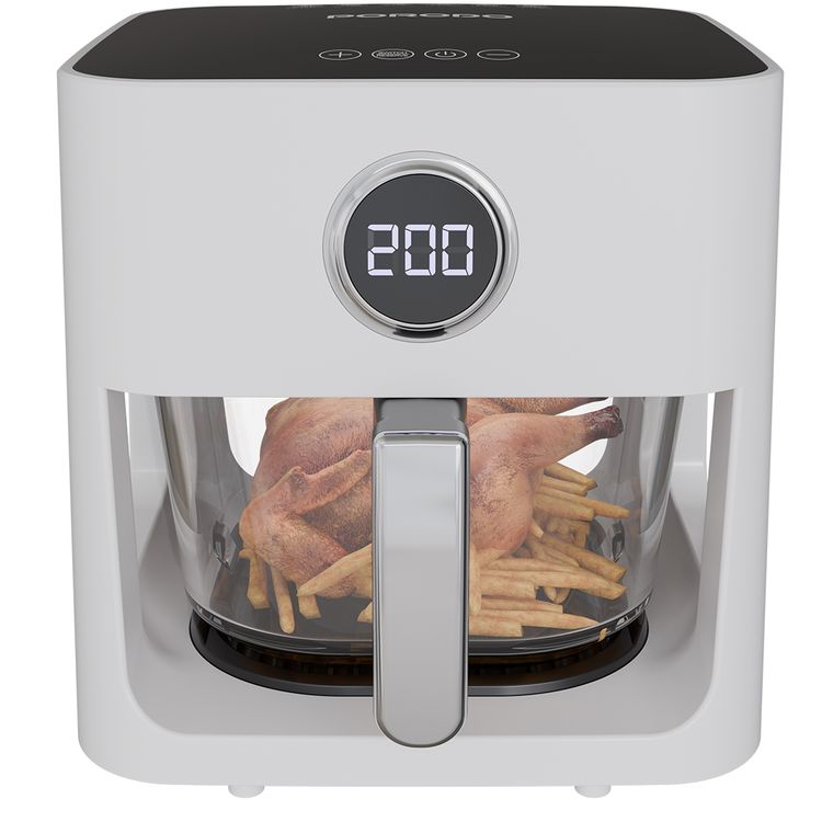 Porodo Lifestyle Glass Pot Air Fryer with 5L Capacity, Up to 60 Minutes Timer, 8 Presets, 360° Panoramic View, 1200W Rated Power, Food-Grade Glass Spot, Touch Panel - White