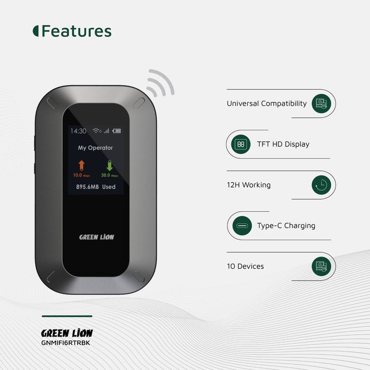 Green Lion Portable Mifi Router with WiFi6 High-Speed or USB Connectivity, 4G LTE & 3G Bands, Nano Sim Card, 3000mAh Battery Capacity, Up to 10 Devices Connectivity, Linux OS, 12 Hours Working Time, Automatic Configuration, Secure Encryption, Universal Compatibility, TFT HD Display - Black