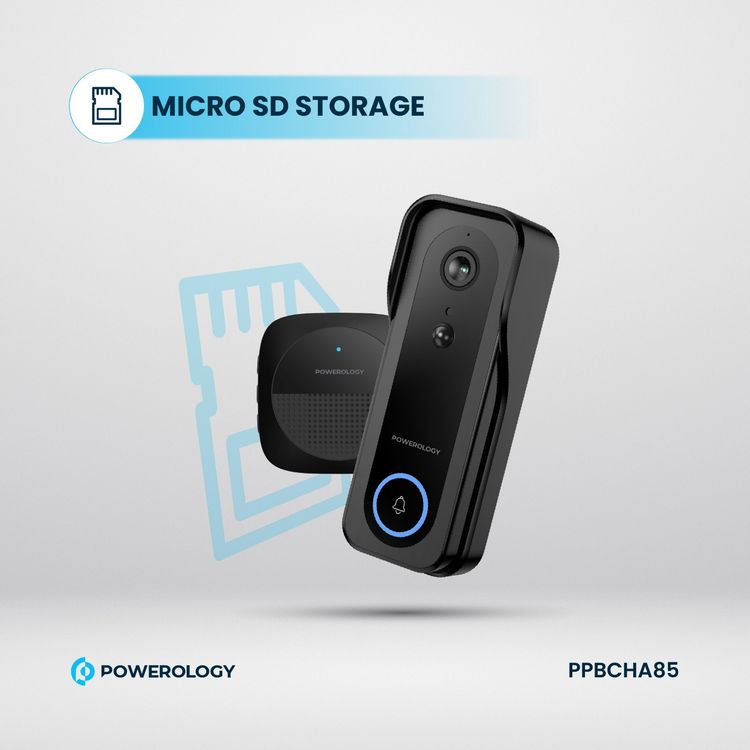 Powerology Smart Camera Doorbell with 3MP Camera Resolution, 5200mAh Battery Capacity, 9 Hours Charging Time, 3 to 8 Months Battery Life, Two-Way Audio, Night Vision - Black