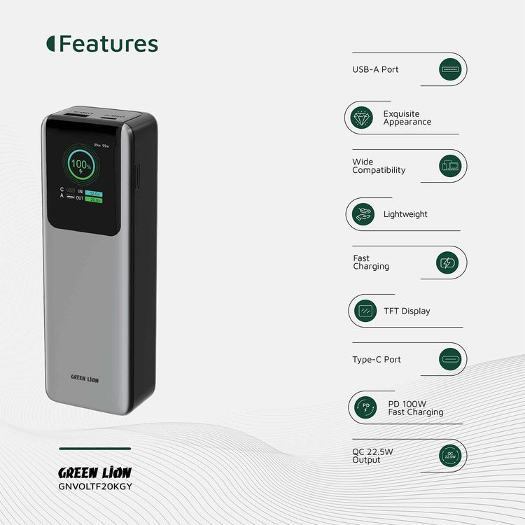 Green Lion Voltura 20000mAh Power Bank with TFT Display, Lightweight Design, Fast Charging, Wide Compatibility, Exquisite Appearance - Gray