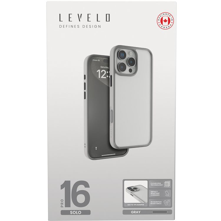 Levelo Solo Case for iPhone 16 Pro with Clearview Technology, Matte TPU Bumper, Comfortable Grip, Impact-Resistant Corners, 3H Scratch Resistance - Gray