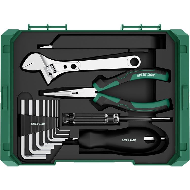 Green Lion GTS-700 Tool Kit Set with 213 Pieces, LED Working Light, 250 RPM No-Load Speed, Forward/Reverse Control, Adjustable Handle, Magnetic CR-V Bits, Stacking Storage Box, 90° Adjustable Handle, 1/4" Hex Chuck Quick-Release, Cordless Screwdriver & Tool Kit - Green