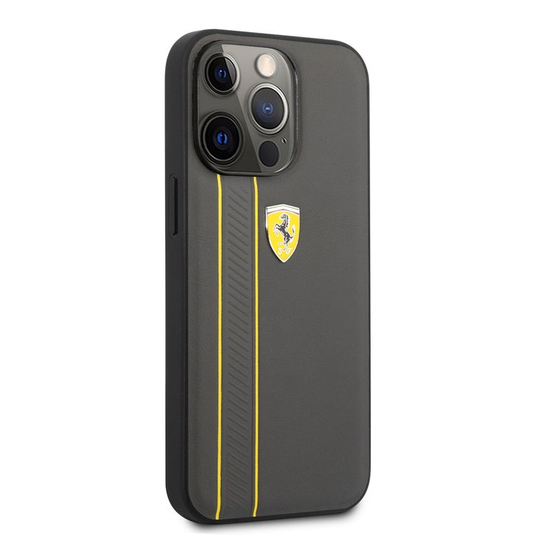 CG MOBILE Ferrari Genuine Leather Hard Case with Debossed Stripes Compatible for iPhone 13 Pro (6.1") Shock & Scratches Resistant, Easy Access to All Ports