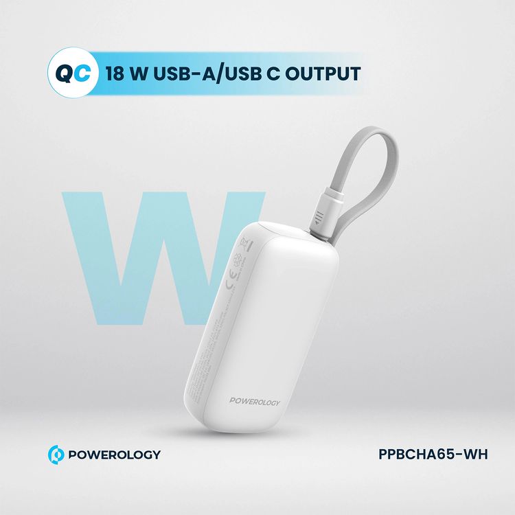 بنك طاقة Powerology بسعة 5000 مللي أمبير في الساعة مع سلك USB-C قابل للإزالة، وتقنية شحن متقدمة، وشحن لجهازين، وصغير الحجم وقابل للحمل، مع حماية مدمجة، وتوصيل طاقة بقوة 20 وات - أبيض