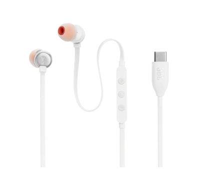 JBL T310C USB-C Wired Earphones, High Resolution Audio, Tangle-Free Flat Cable, Digital to Analog Converter, Compatible with PCs/Mobiles/Gaming Consoles, Pure Bass Sound - White