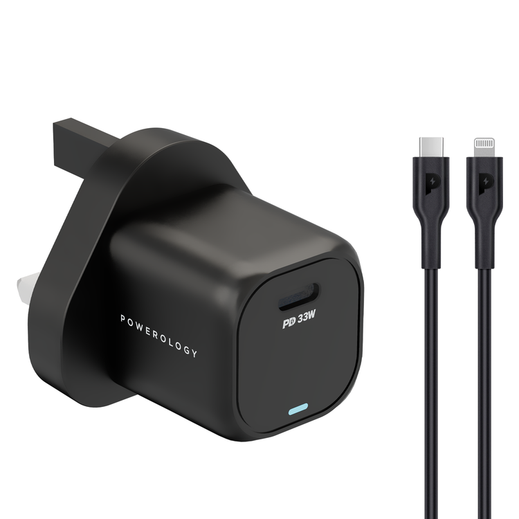 Powerology 33W GaN PD Charger With 1.2m/3.9ft USB-C To USB-C  Cable - Black