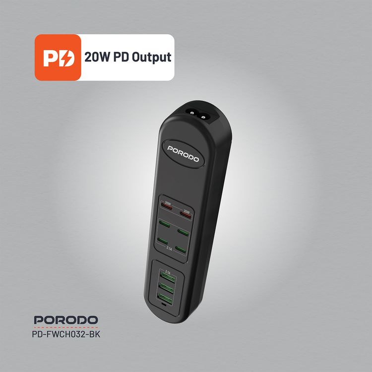 Porodo 50W Multi-Port USB Charging Hub with 20W Power Delivery, Simultaneous Charging, 2m Cable Length, Fast Charging Support, Built-in Safeguards - Black