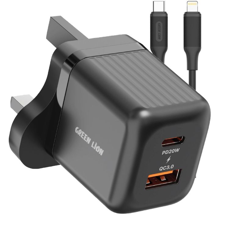 Green Lion Ultra Compact GaN Wall Charger with Single USB-C Port and USB-C to Lightning Cable, PC Flame Retardant Material, Fast Charging Support, Charging Protection, Universal Compatibility, Ultra Portable - Black